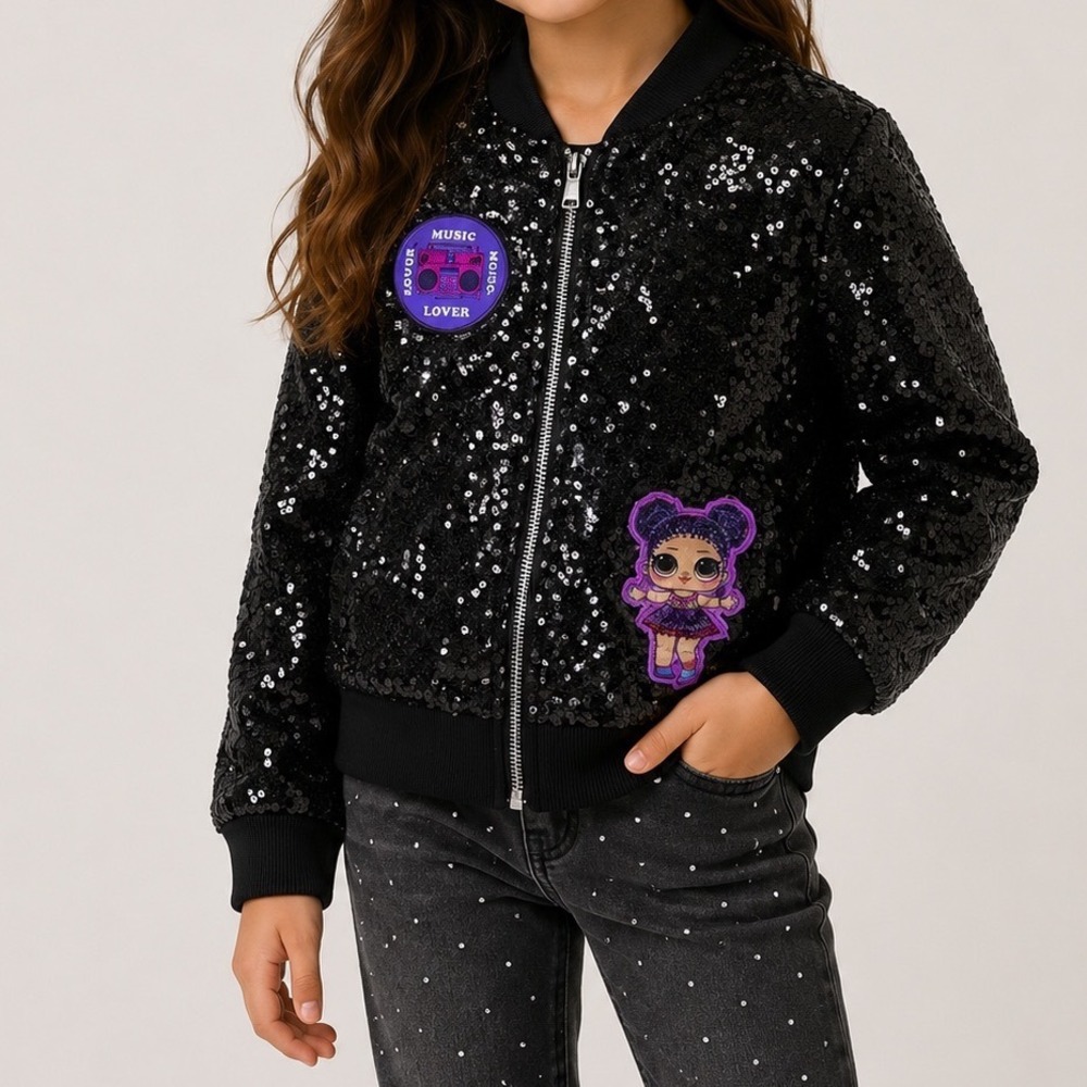 LOL Surprise Remix Girls Black Sequin Bomber Jacket Music Lover Patch Size 10/12